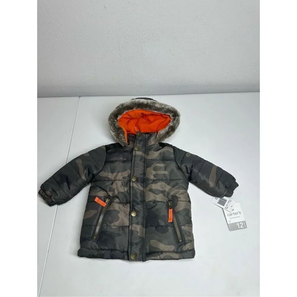NWT Carter’s Camo Puffer Coat Faux Fur Trim Hood Size 12 M